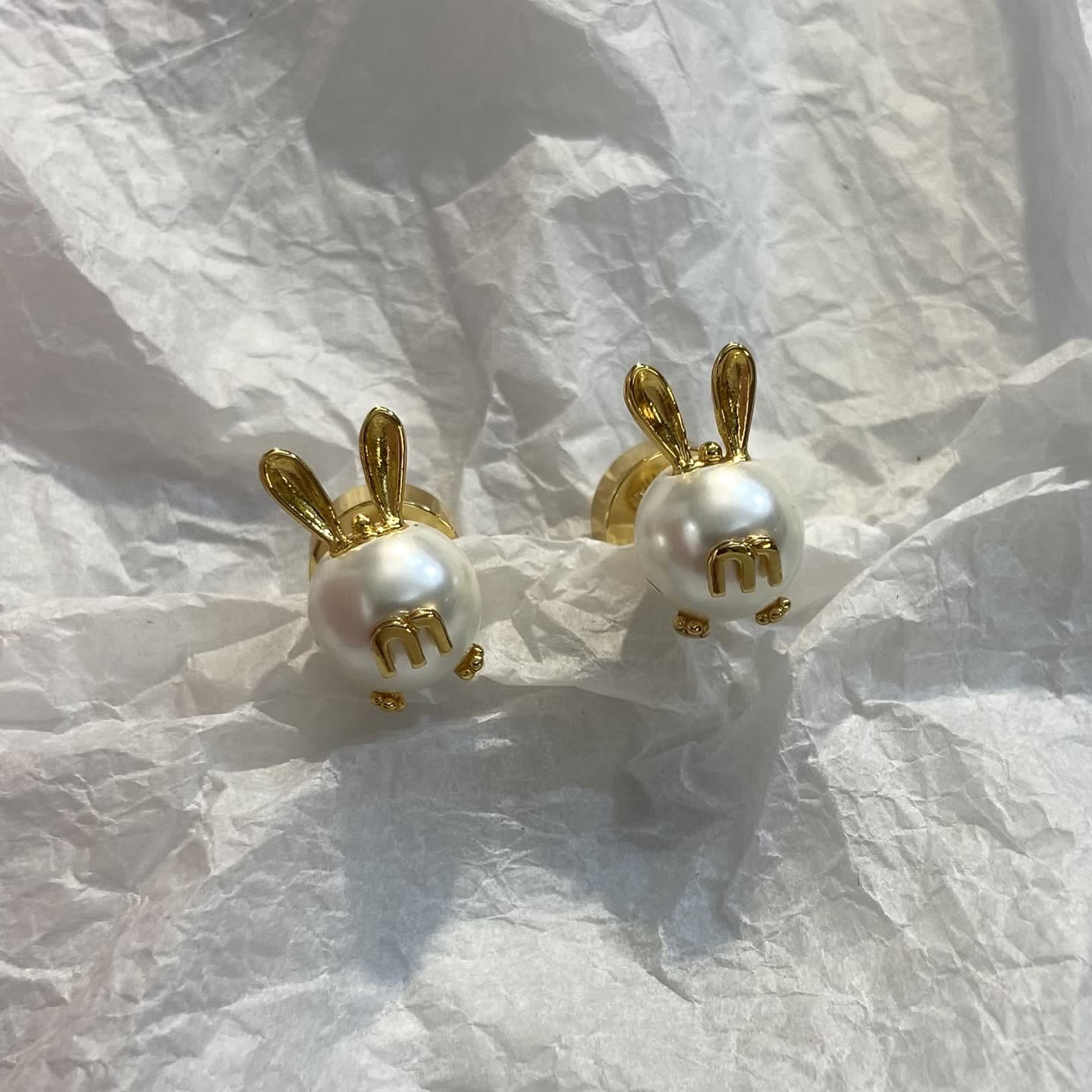 Miu Miu Gold Rabbit Pearl Stud Earrings